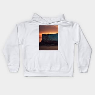 Apocalyptic looking boat at shore Kids Hoodie